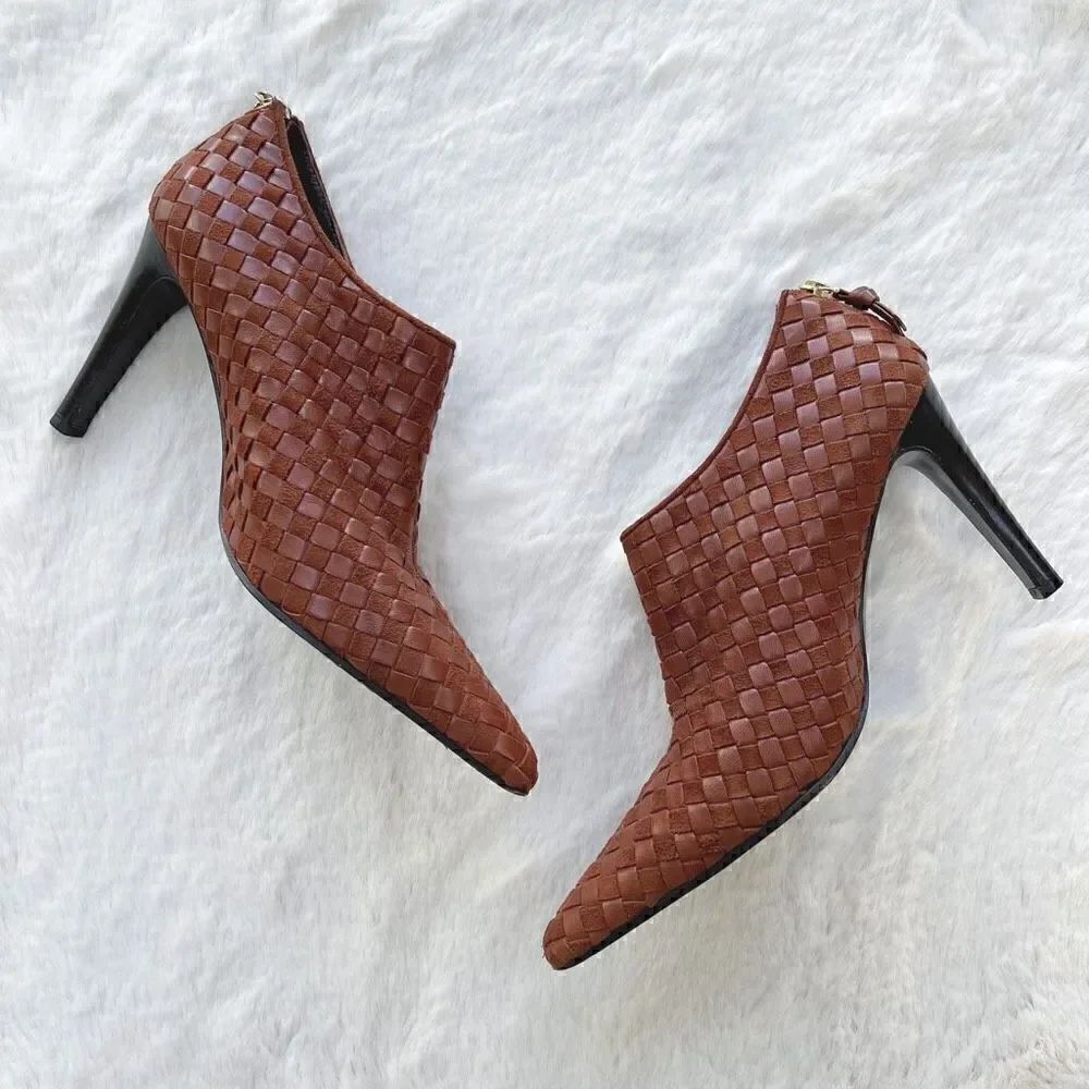 Bottega Veneta Leather Woven Heeled Booties Warm Brown Boots w Heel size 38
